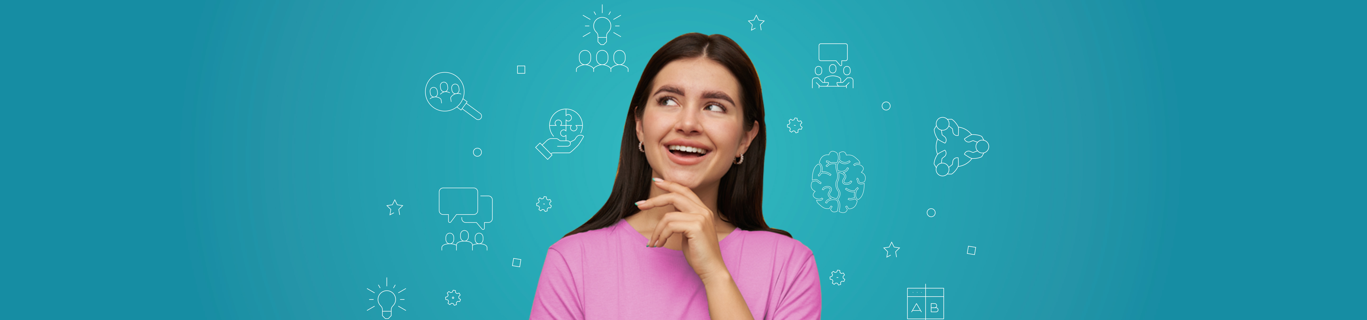 Young woman looking upwards with many thoughts going through her mind.