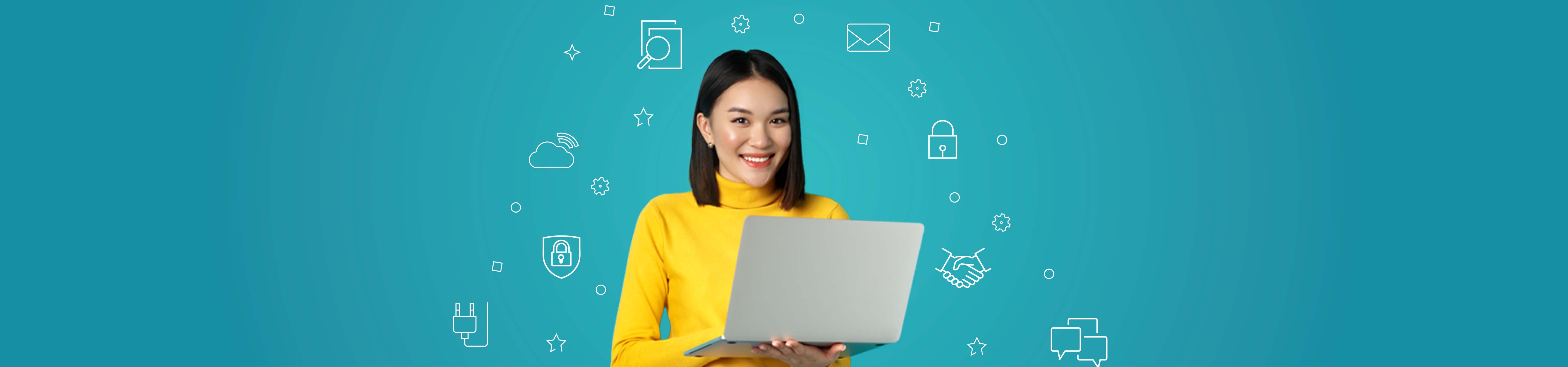 A woman wearing a yellow turtleneck sweater searching for MI.ND Lab’s contact details on her laptop.
